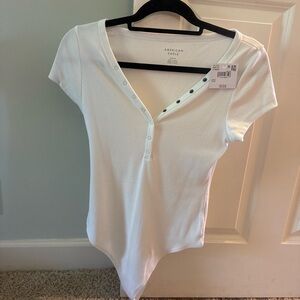 American Eagle Outfitters White Ribbed Henley Bodysuit - Women's